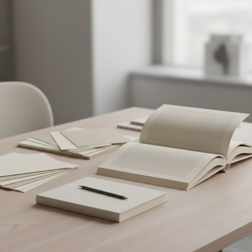 Een open boekproef, losse papiermonsters en een blanco boekmodel op een werktafel.