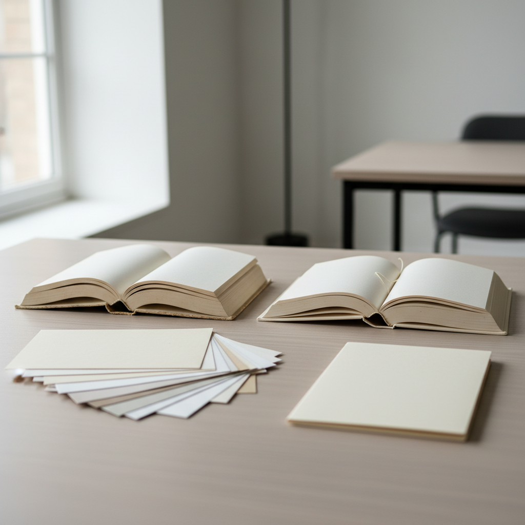 Een paperback en hardcover liggen open naast papierstalen op een werktafel.